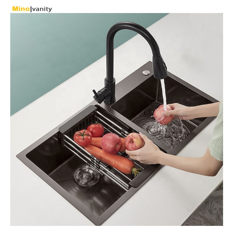 Free Design Curved Kitchen Single Bowl Sink with Double Faucet and Tray