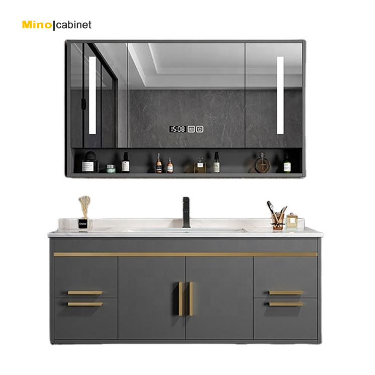Gray Bathroom Vanity with Faucet Basin and Mirror